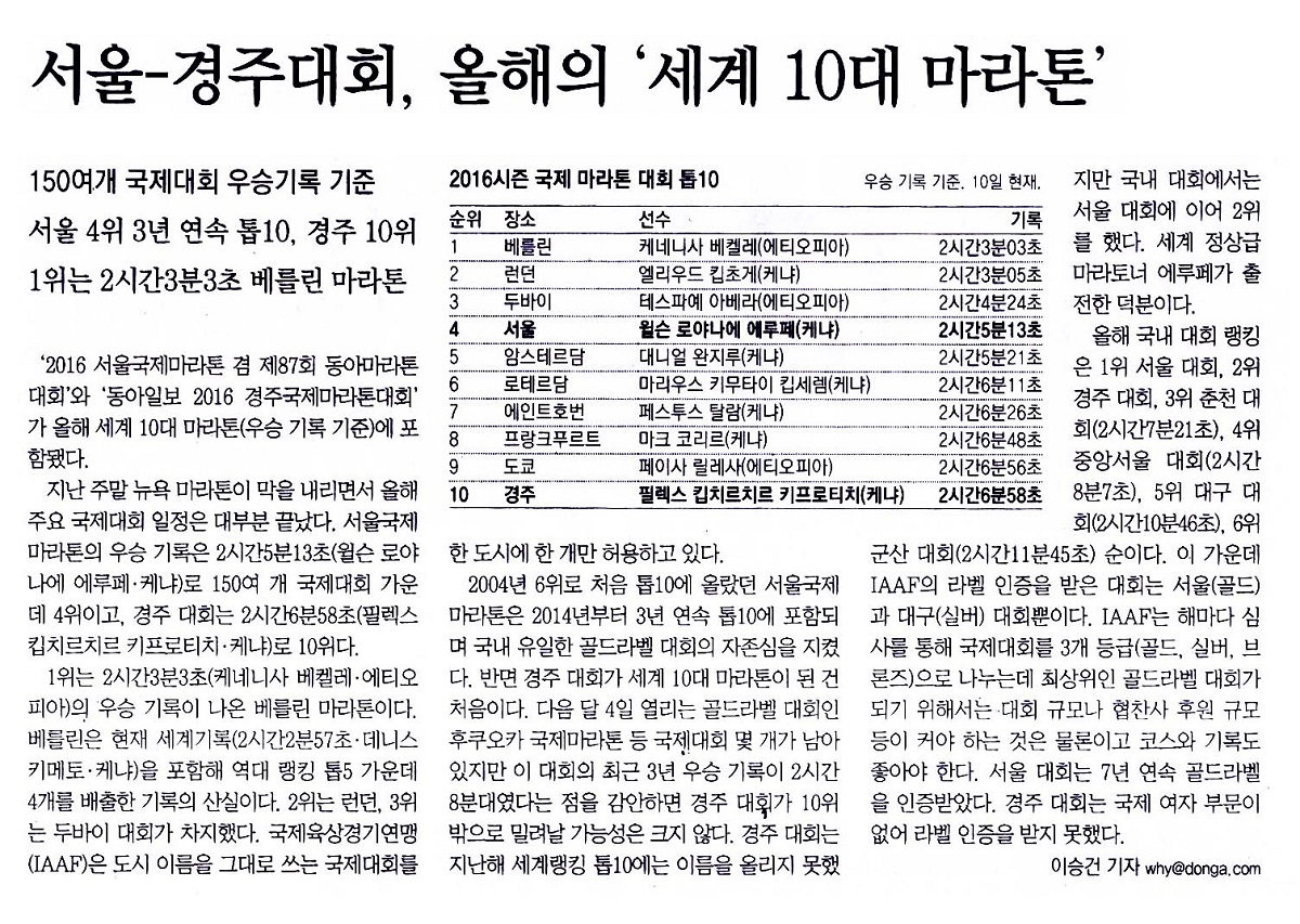 서울-경주대회, 올해의 ‘세계 10대 마라톤’